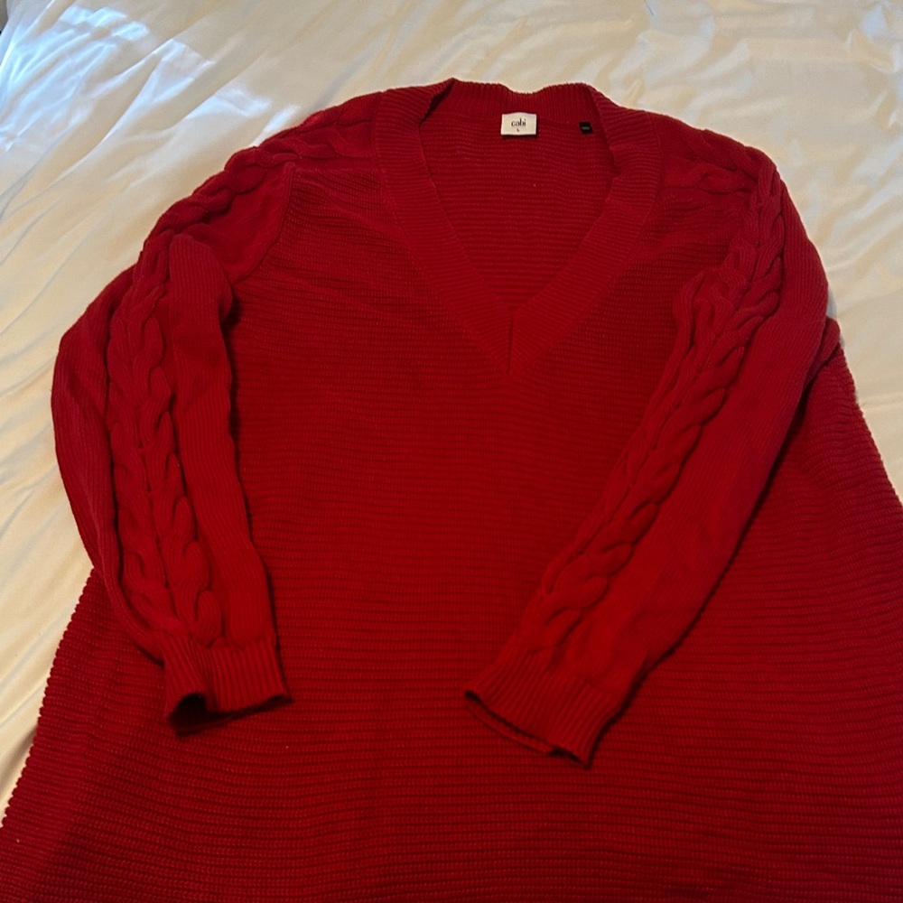 CAbi Red Cable Sleeve V-Neck Sweater